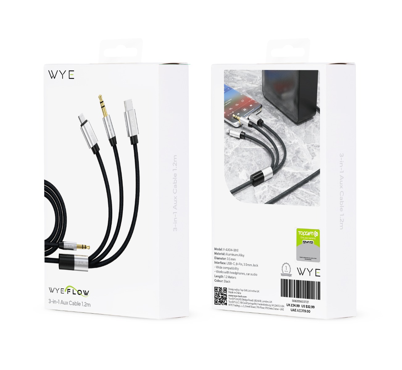 3‑in‑1 Aux Cable 1.2 m