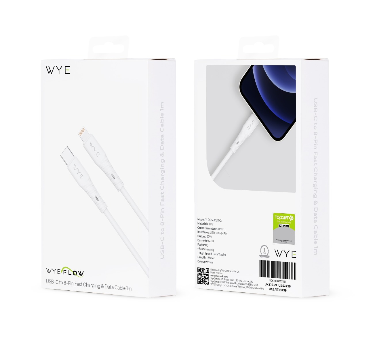 USB‑C to 8‑Pin Fast Charging & Data Cable 1 m (White)